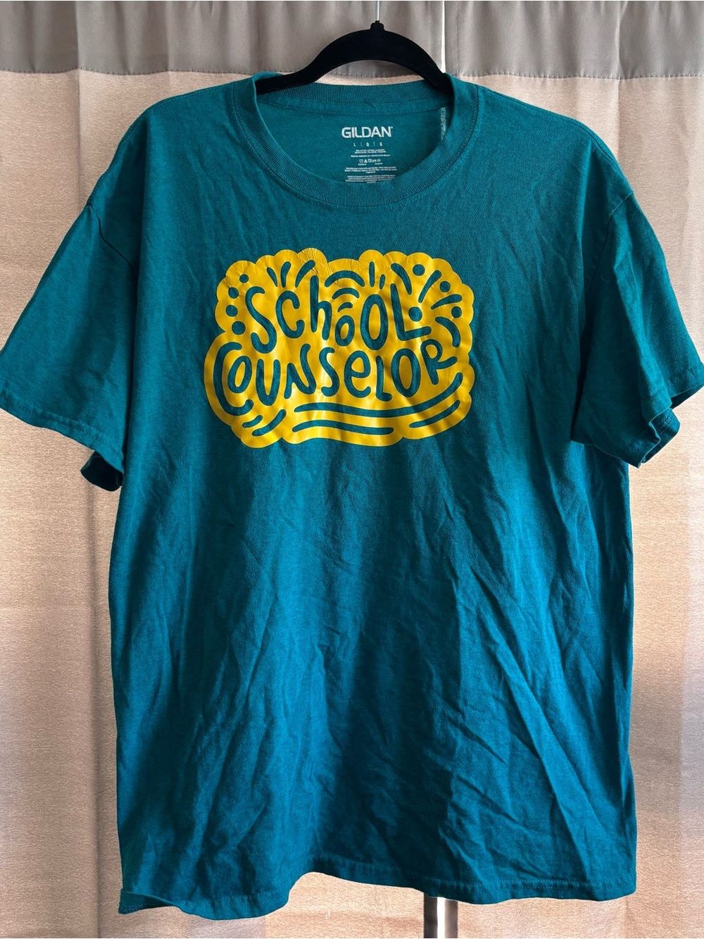 Gildan Teal Short Sleeve Tee with Yellow School Counselor Graphic